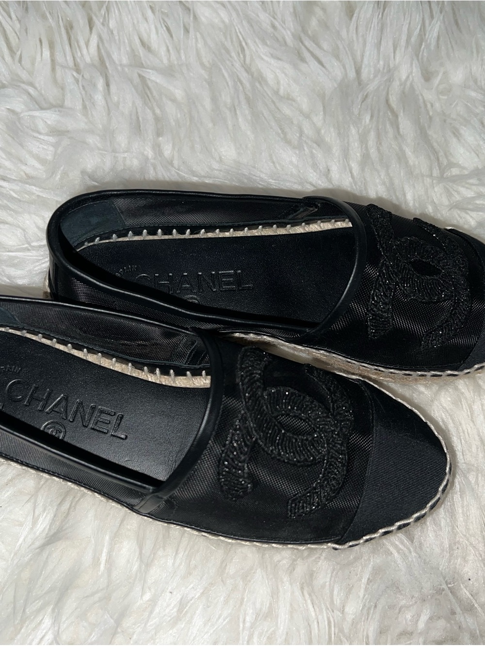 CHANEL Black Mesh Espadrille Slip-Ons with Embroidered CC - Picture 12 of 13